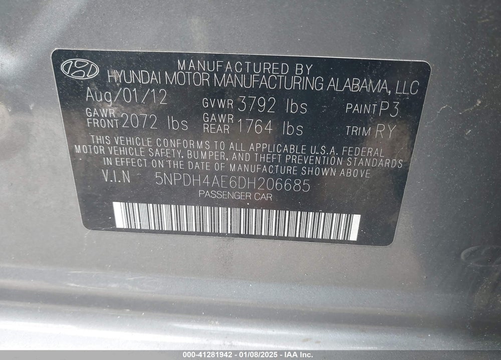2013 HYUNDAI ELANTRA VIN: 5NPDH4AE6DH206685