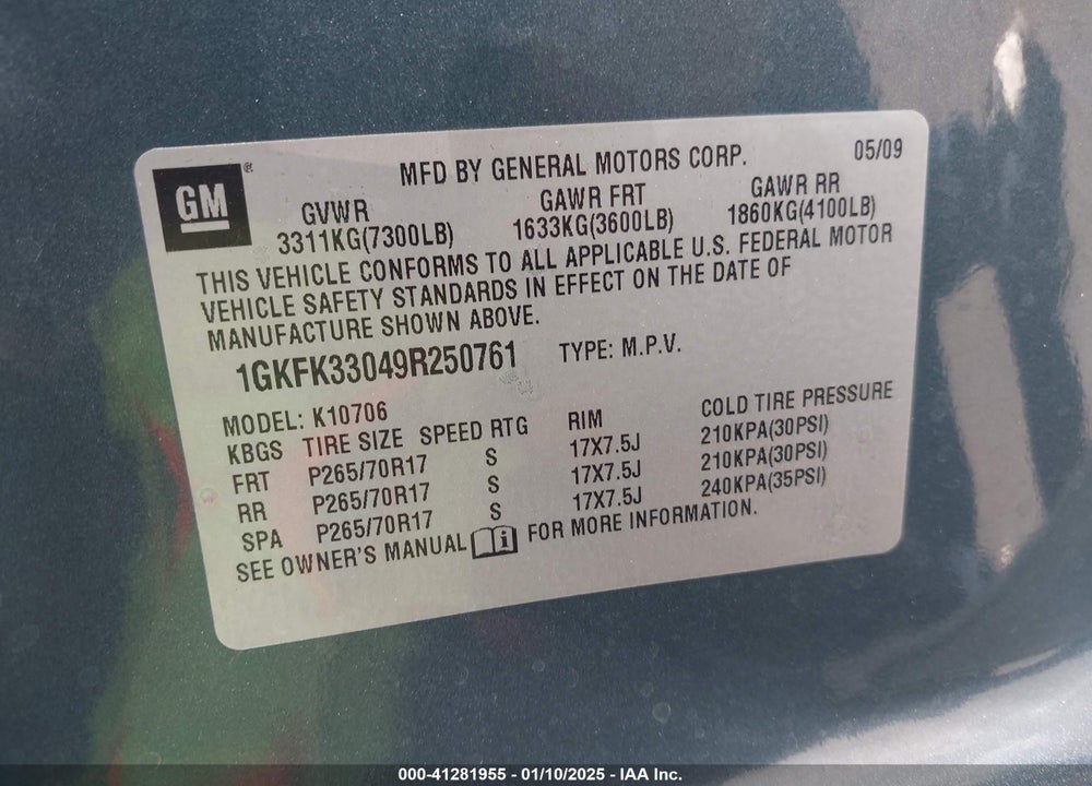2009 GMC YUKON SLT2 VIN: 1GKFK33049R250761
