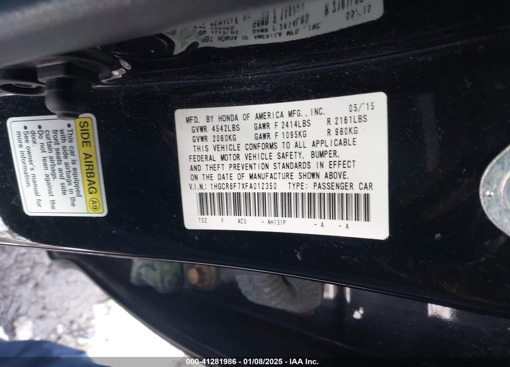2015 HONDA ACCORD HYBRID TOURING VIN: 1HGCR6F7XFA012350