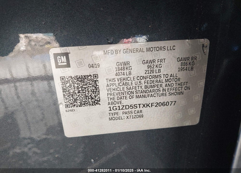 2019 CHEVROLET MALIBU VIN: 1G1ZD5STXKF206077