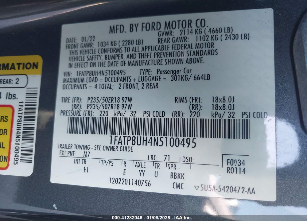 2022 FORD MUSTANG ECOBOOST PREMIUM VIN: 1FATP8UH4N5100495