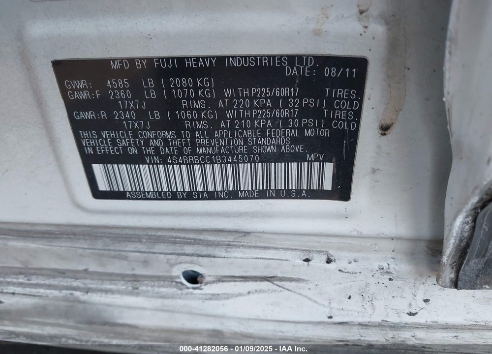 2011 SUBARU OUTBACK 2.5I PREMIUM VIN: 4S4BRBCC1B3445070