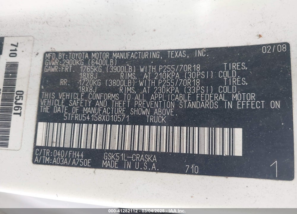 2008 TOYOTA TUNDRA BASE V6 VIN: 5TFRU54158X010571