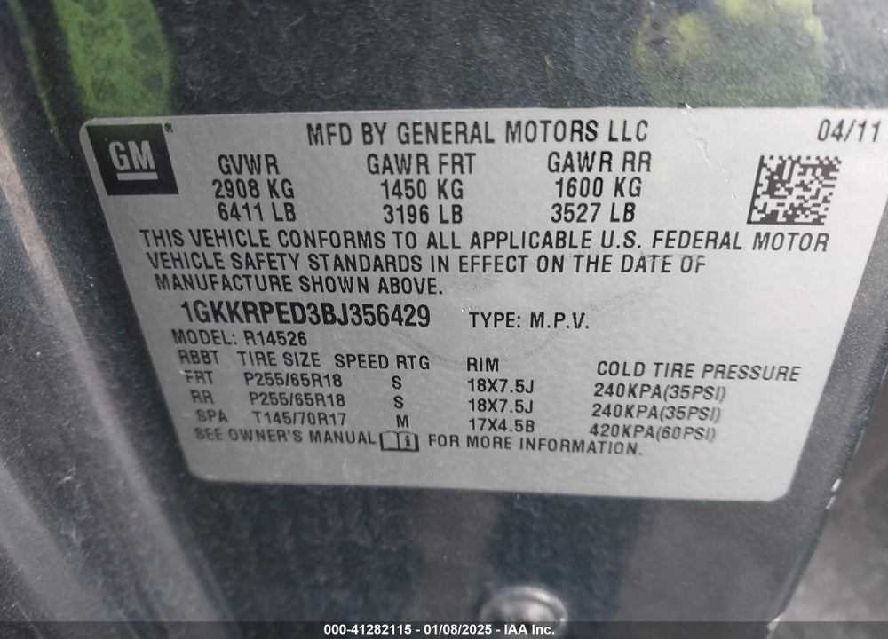 2011 GMC ACADIA SLE VIN: 1GKKRPED3BJ356429