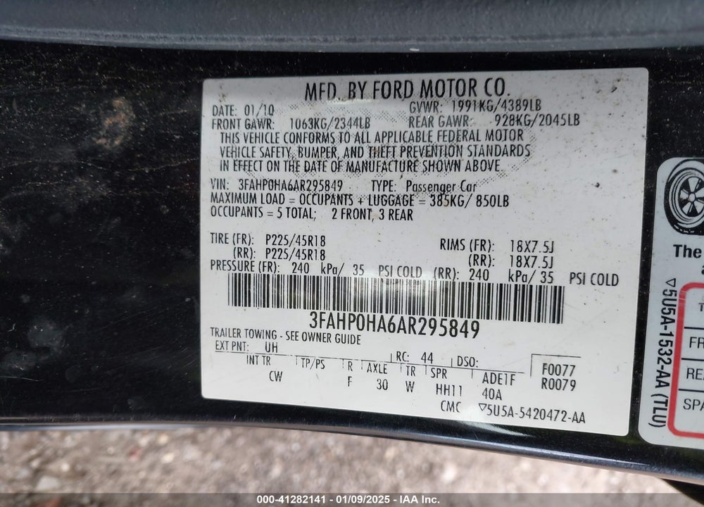 2010 FORD FUSION SE VIN: 3FAHP0HA6AR295849