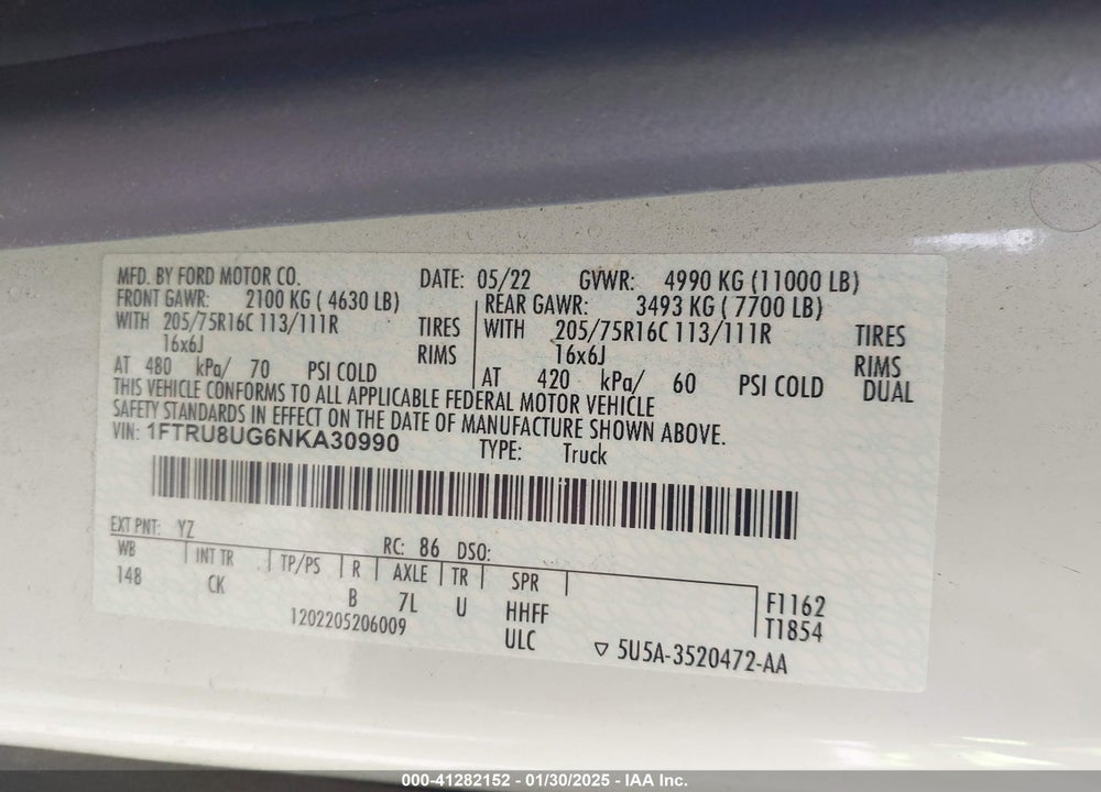 2022 FORD TRANSIT-350 CARGO VAN VIN: 1FTRU8UG6NKA30990