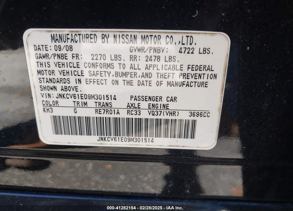 2009 INFINITI G37 VIN: JNKCV61E09M301514
