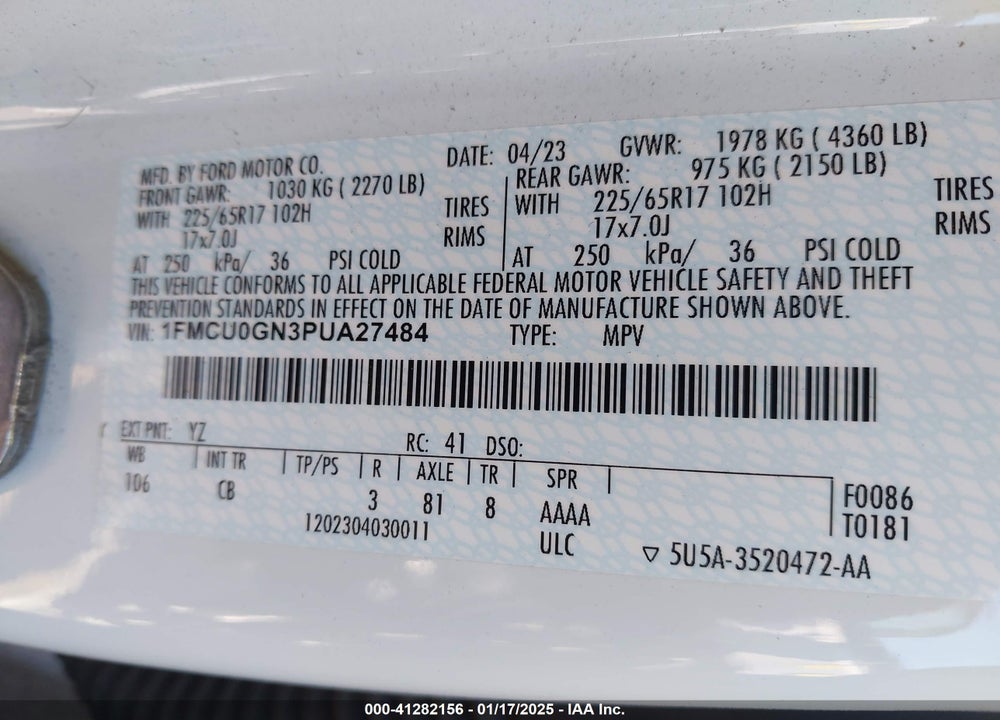 2023 FORD ESCAPE ACTIVE VIN: 1FMCU0GN3PUA27484