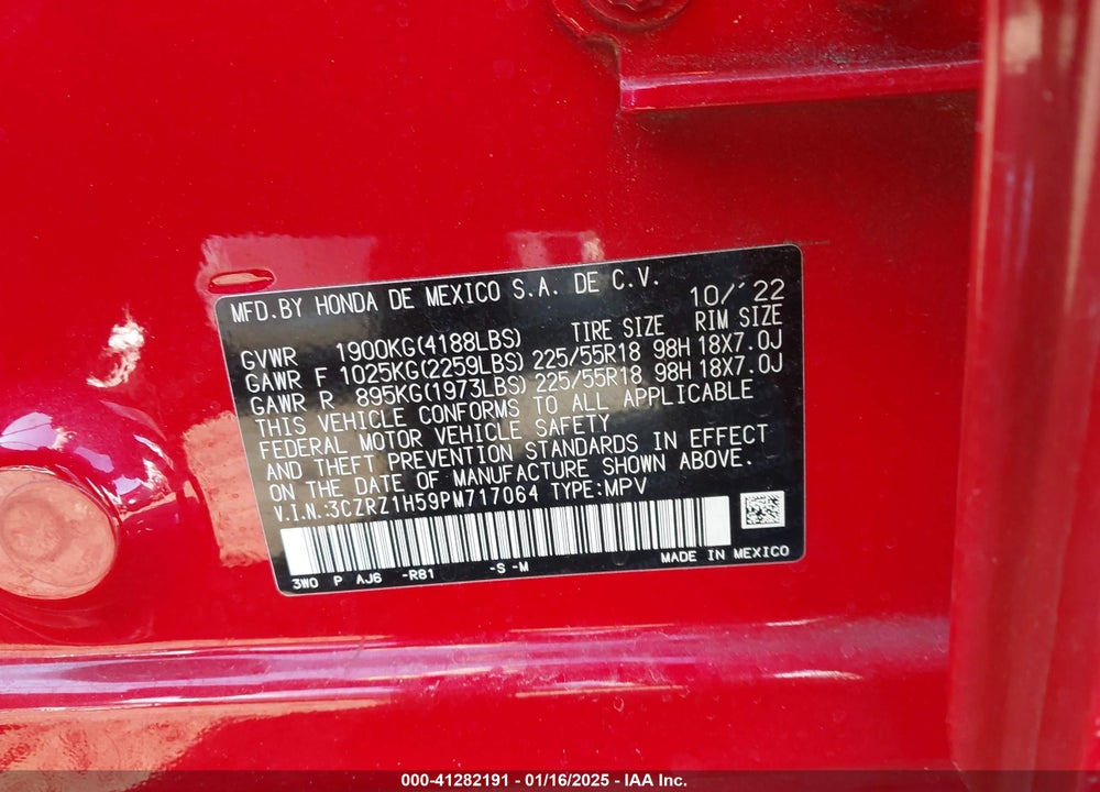2023 HONDA HR-V 2WD SPORT VIN: 3CZRZ1H59PM717064