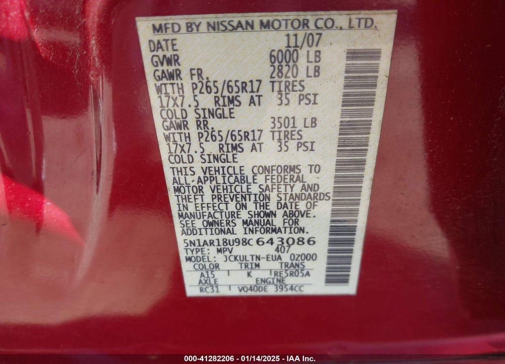 2008 NISSAN PATHFINDER SE VIN: 5N1AR18U98C643086