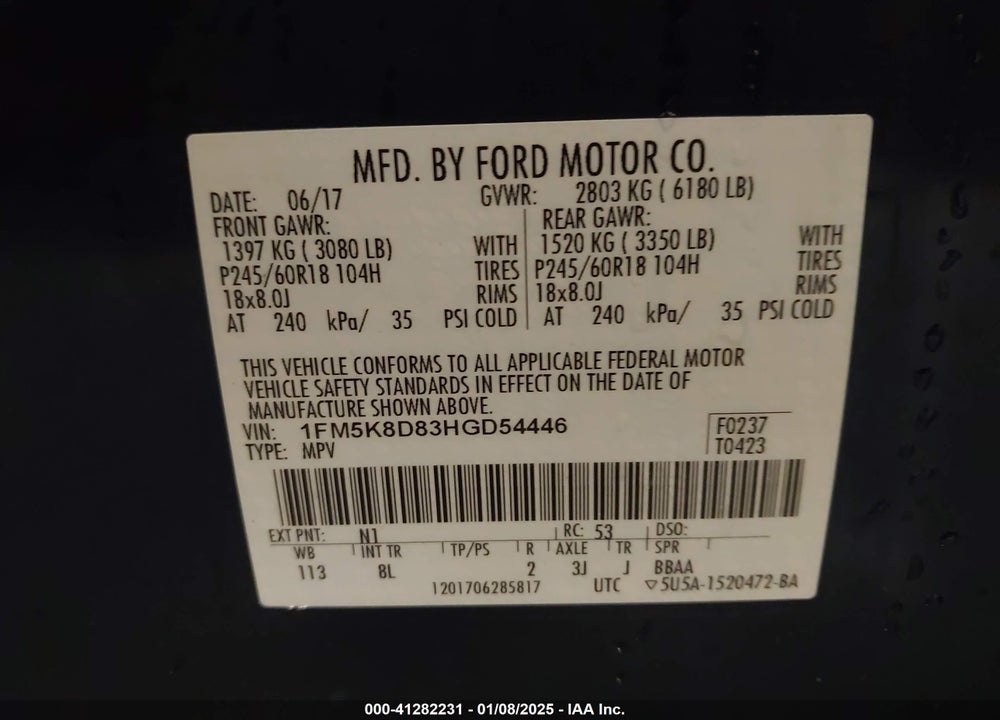 2017 FORD EXPLORER XLT VIN: 1FM5K8D83HGD54446