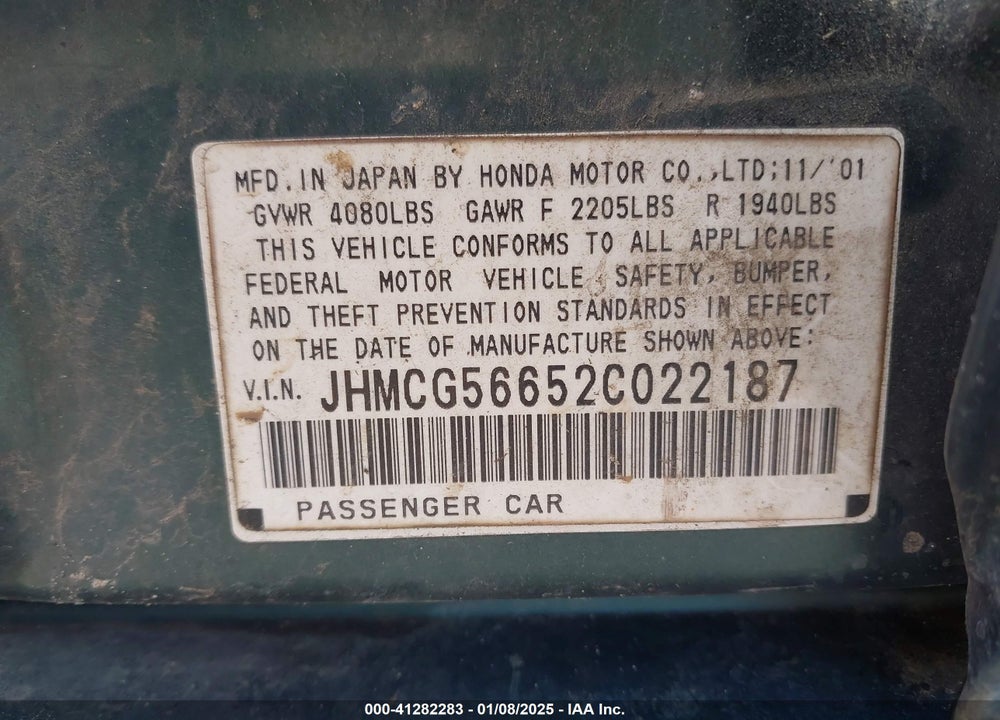 2002 HONDA ACCORD VIN: JHMCG56652C022187