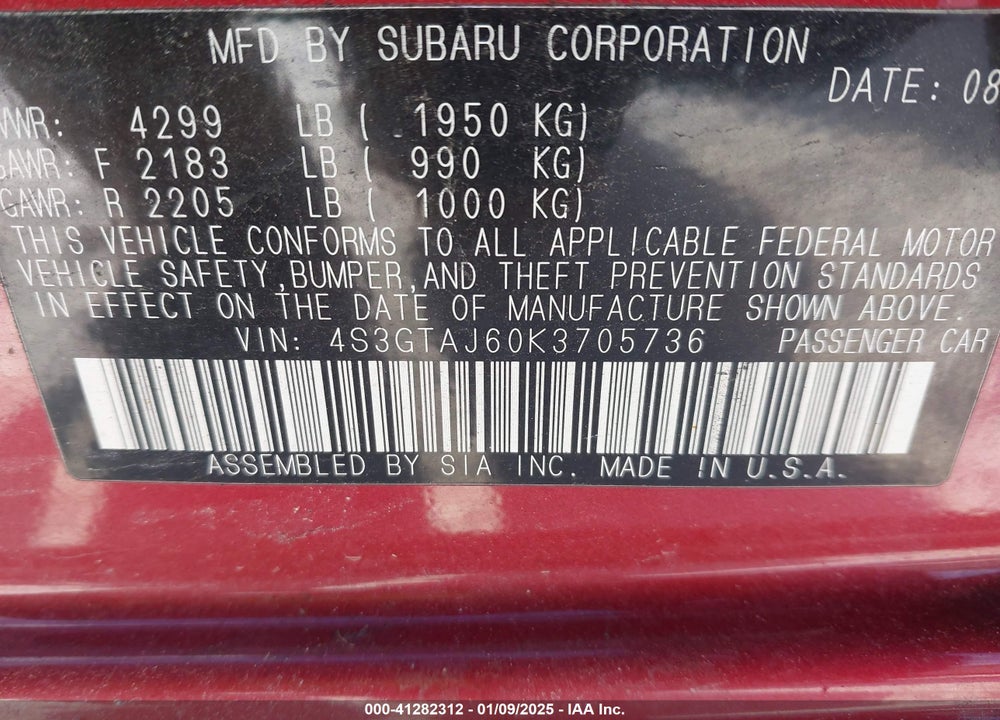 2019 SUBARU IMPREZA VIN: 4S3GTAJ60K3705736