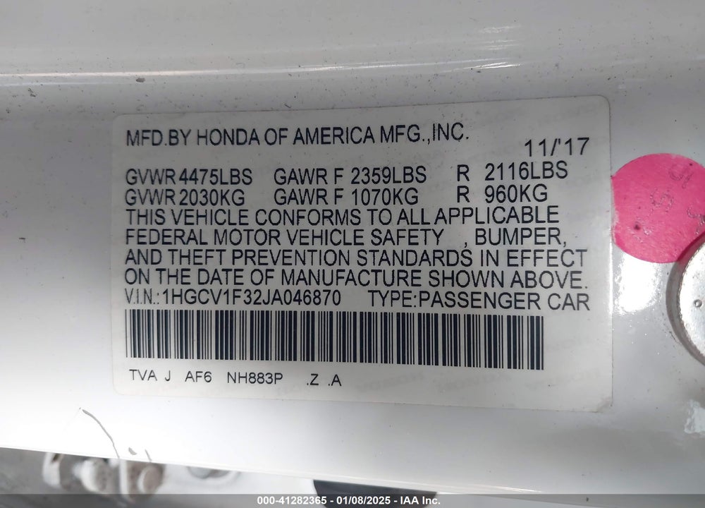 2018 HONDA ACCORD VIN: 1HGCV1F32JA046870