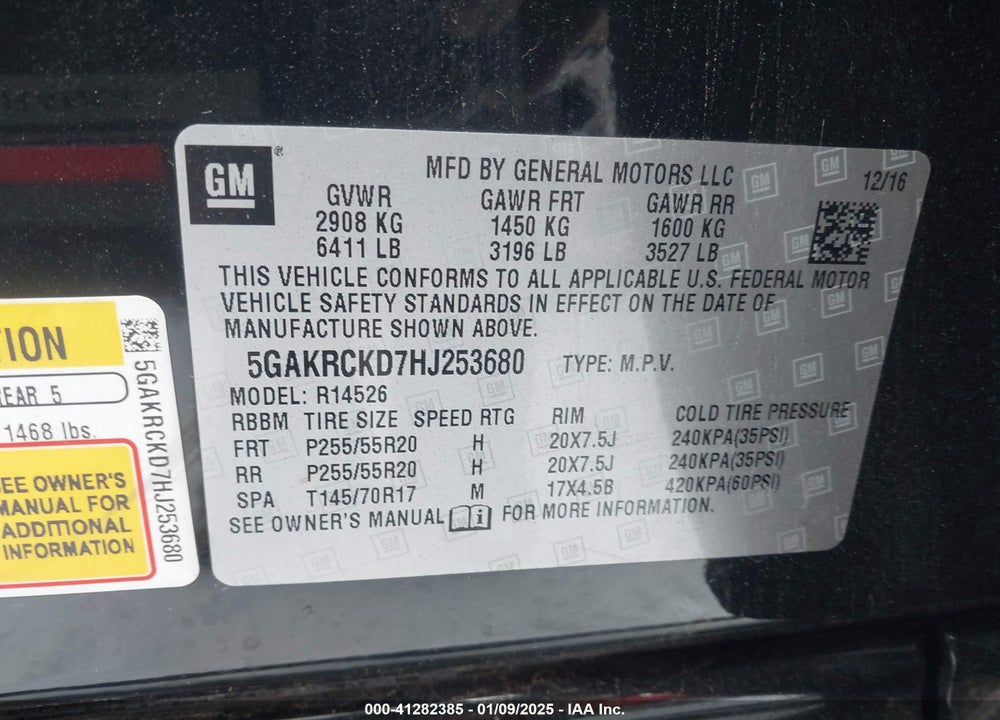 2017 BUICK ENCLAVE PREMIUM VIN: 5GAKRCKD7HJ253680