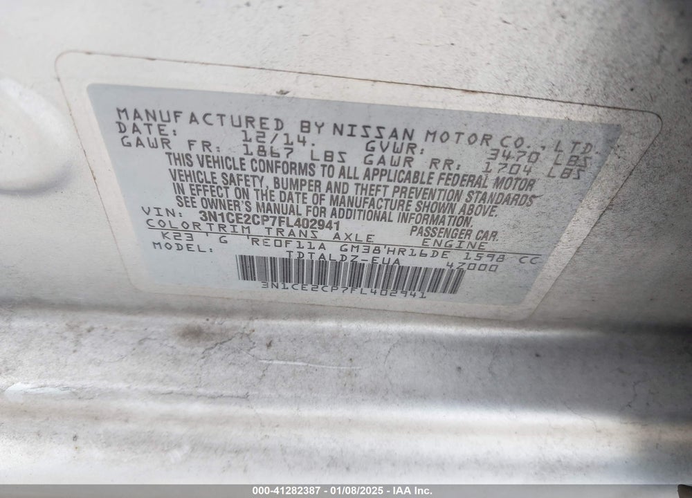 2015 NISSAN VERSA NOTE S (SR)/S PLUS/SL/SR/SV VIN: 3N1CE2CP7FL402941