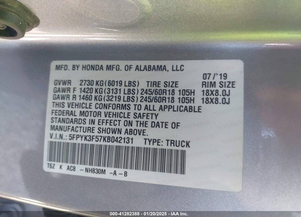 2019 HONDA RIDGELINE VIN: 5FPYK3F57KB042131