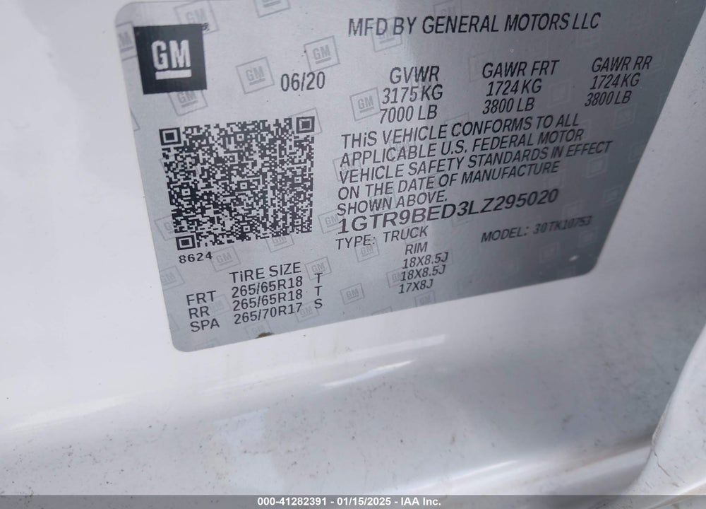 2020 GMC SIERRA 1500 VIN: 1GTR9BED3LZ295020
