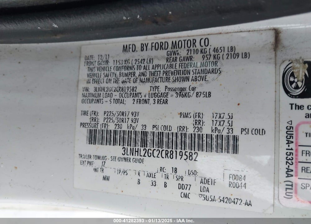 2012 LINCOLN MKZ VIN: 3LNHL2GC2CR819582