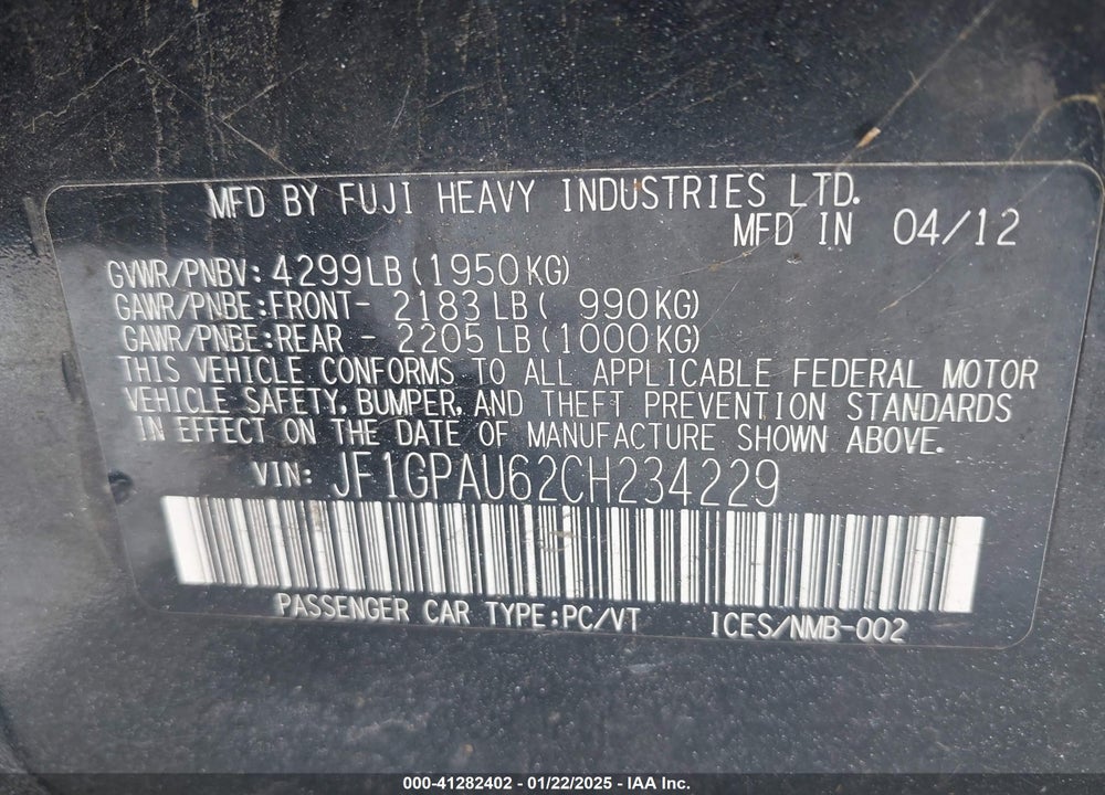 2012 SUBARU IMPREZA VIN: JF1GPAU62CH234229