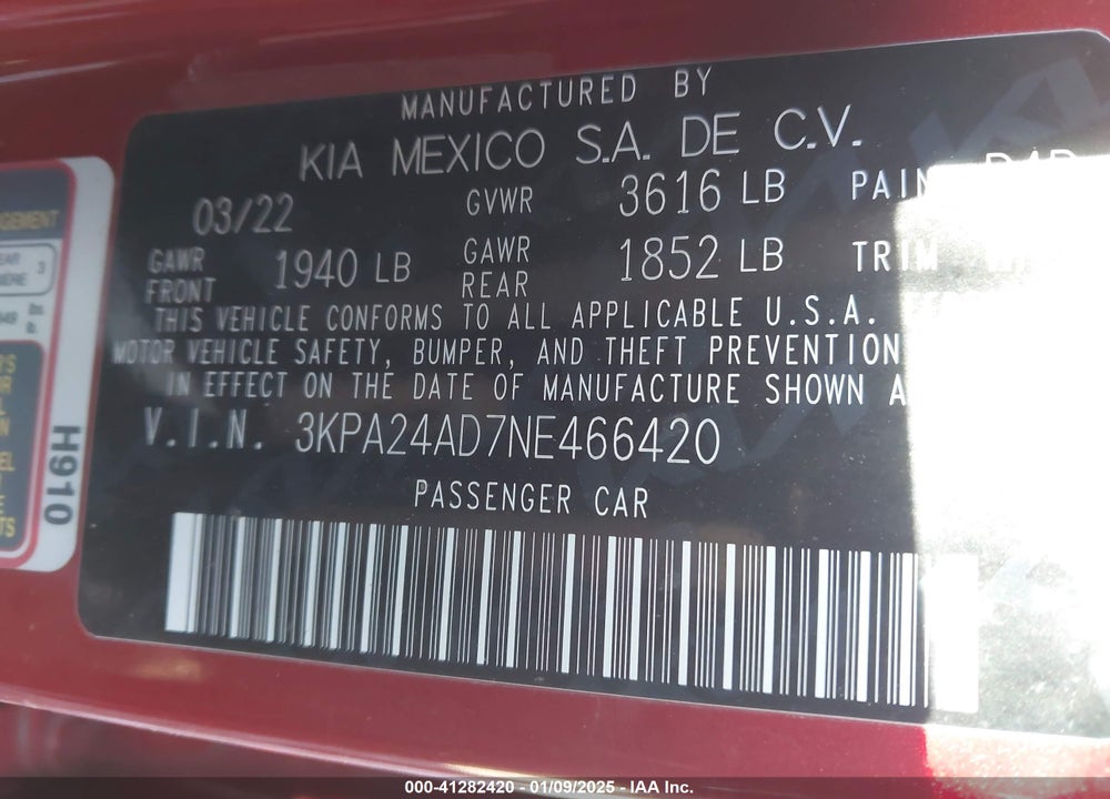 2022 KIA RIO VIN: 3KPA24AD7NE466420