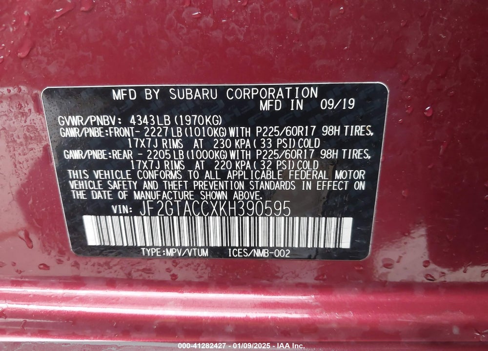 2019 SUBARU CROSSTREK VIN: JF2GTACCXKH390595