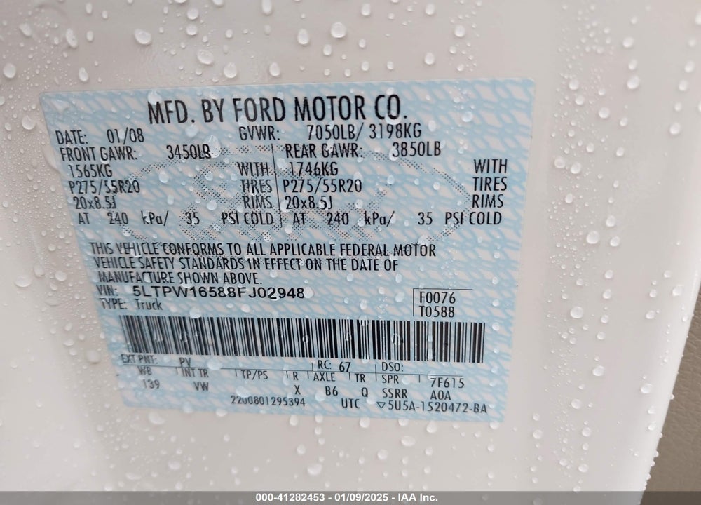 2008 LINCOLN MARK LT VIN: 5LTPW16588FJ02948