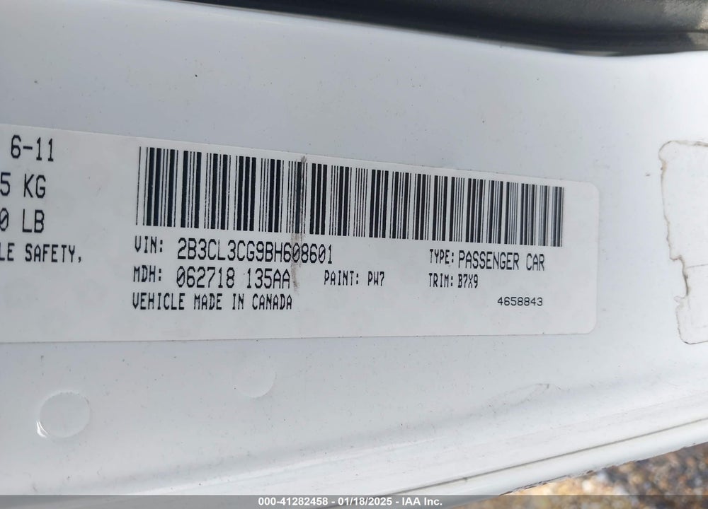 2011 DODGE CHARGER VIN: 2B3CL3CG9BH608601