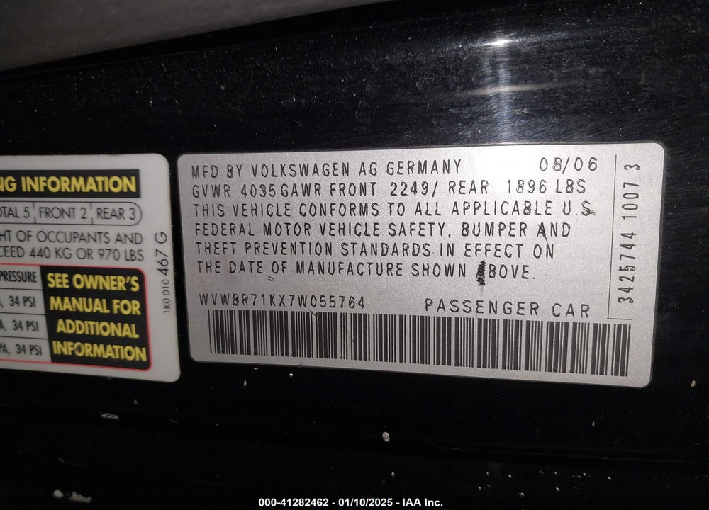 2007 VOLKSWAGEN RABBIT VIN: WVWBR71KX7W055764