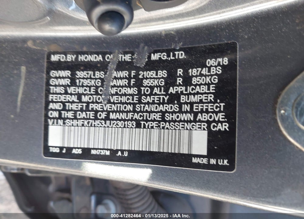 2018 HONDA CIVIC VIN: SHHFK7H53JU230193