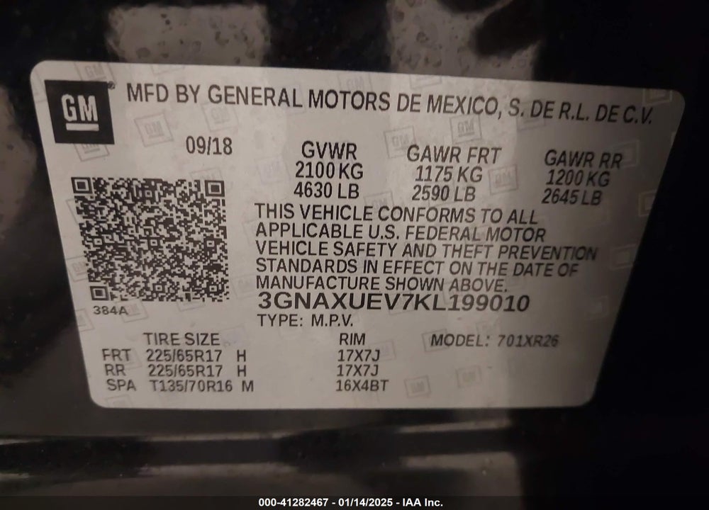2019 CHEVROLET EQUINOX LT VIN: 3GNAXUEV7KL199010