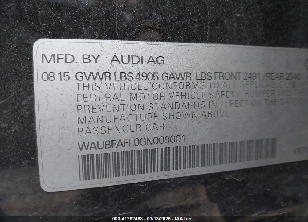 2016 AUDI A4 VIN: WAUBFAFL0GN009001