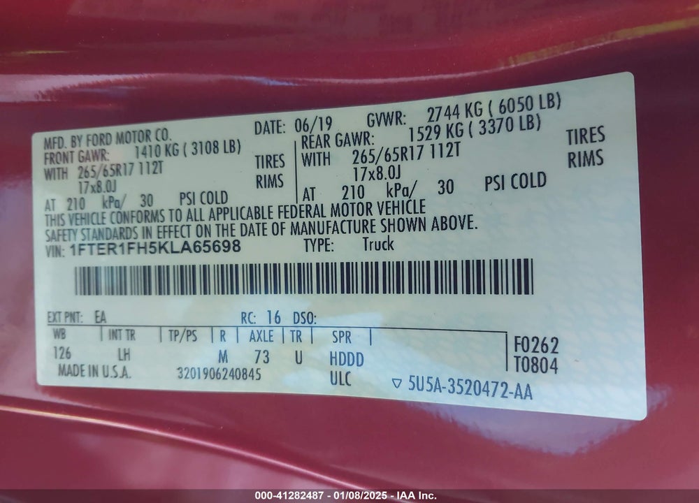 2019 FORD RANGER XLT VIN: 1FTER1FH5KLA65698