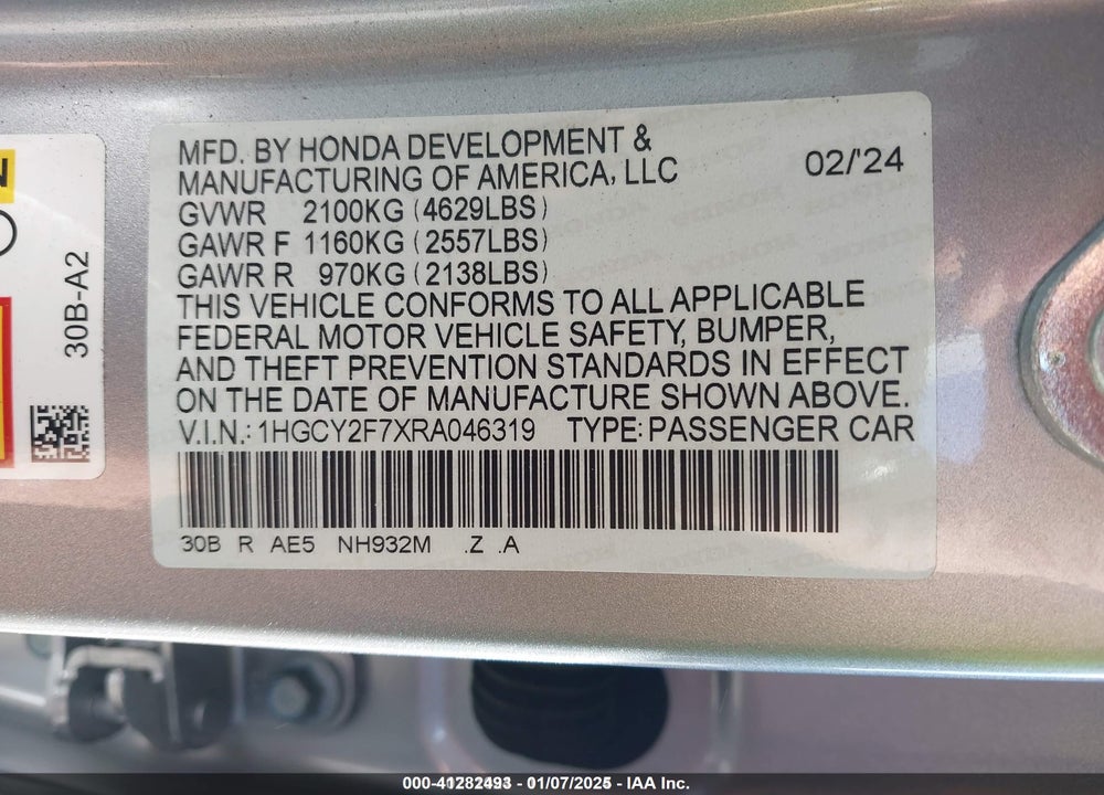2024 HONDA ACCORD VIN: 1HGCY2F7XRA046319