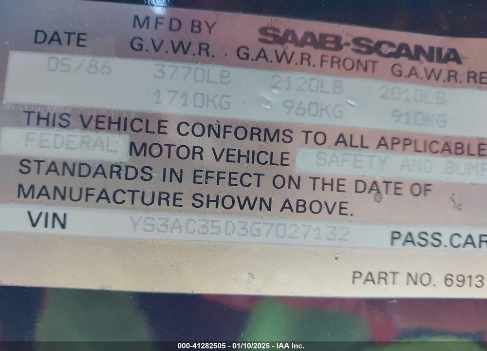 1986 SAAB 900 S VIN: YS3AC35D3G7027132