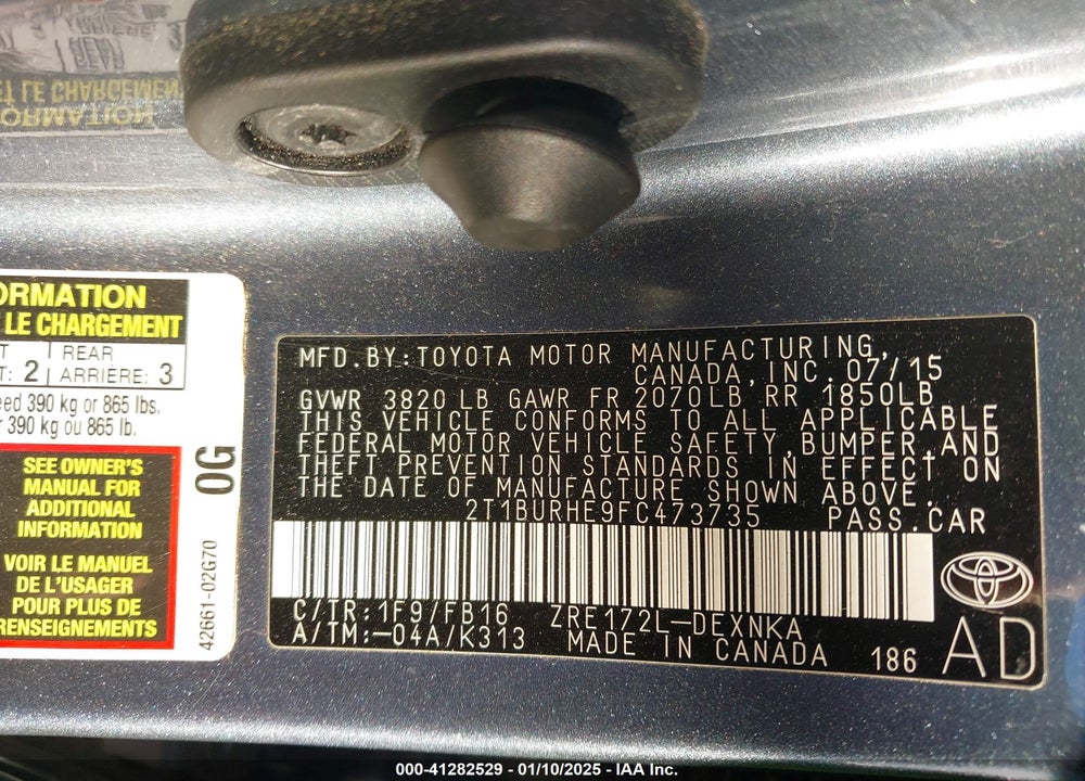 2015 TOYOTA COROLLA VIN: 2T1BURHE9FC473735