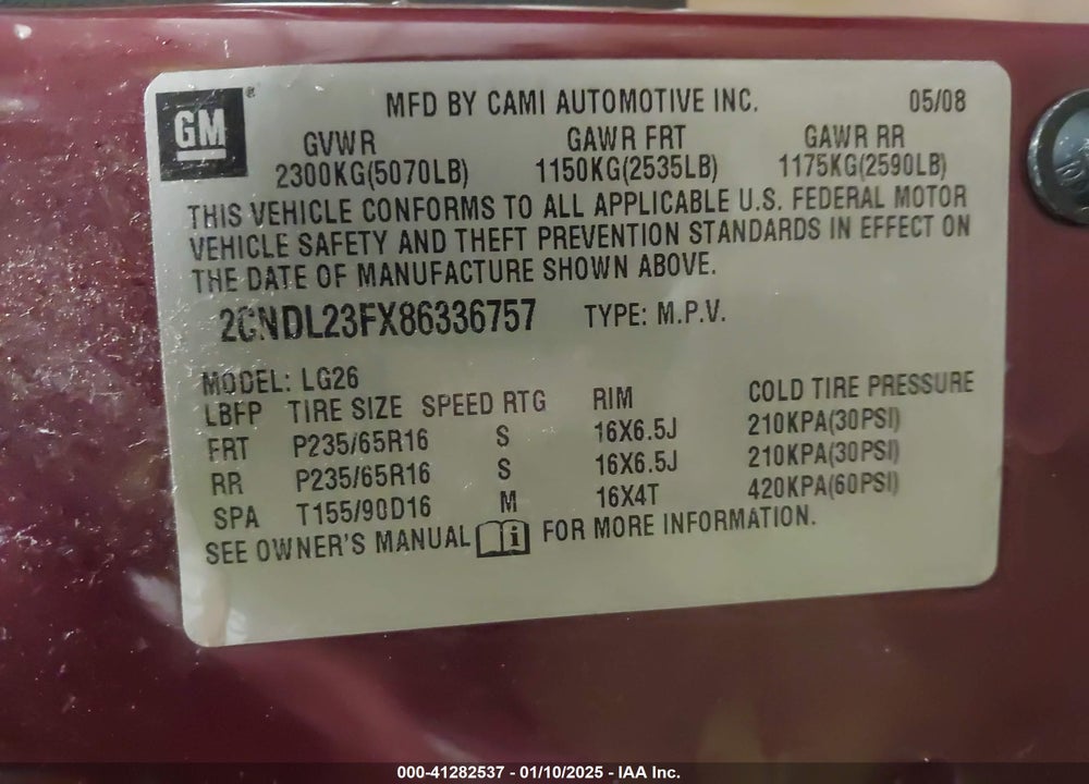 2008 CHEVROLET EQUINOX LS VIN: 2CNDL23FX86336757