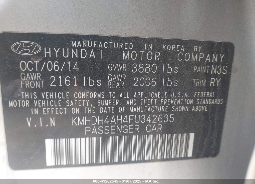 2015 HYUNDAI ELANTRA SPORT VIN: KMHDH4AH4FU342635