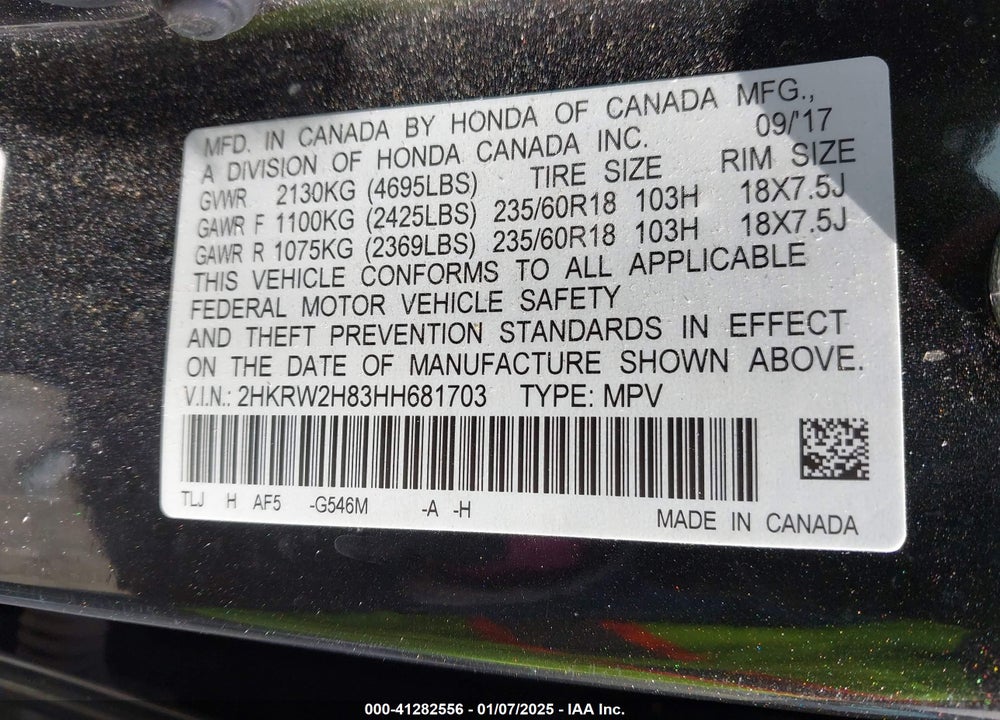 2017 HONDA CR-V VIN: 2HKRW2H83HH681703