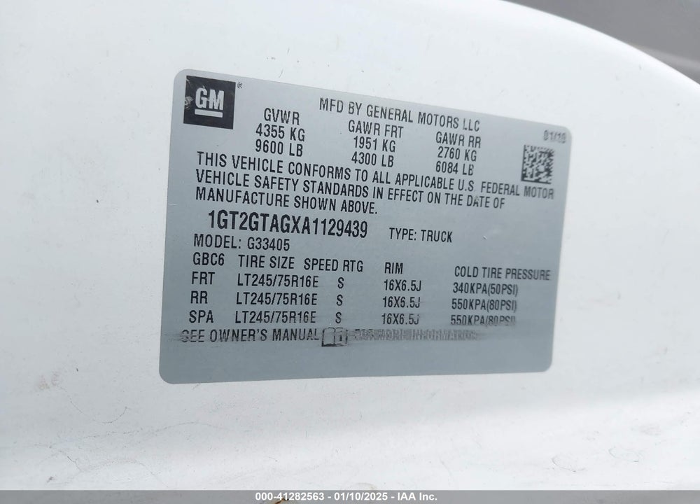 2010 GMC SAVANA 3500 WORK VAN VIN: 1GT2GTAGXA1129439