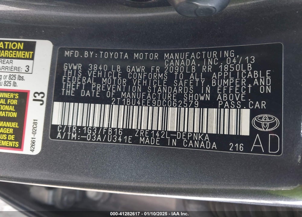 2013 TOYOTA COROLLA LE VIN: 2T1BU4EE9DC062579