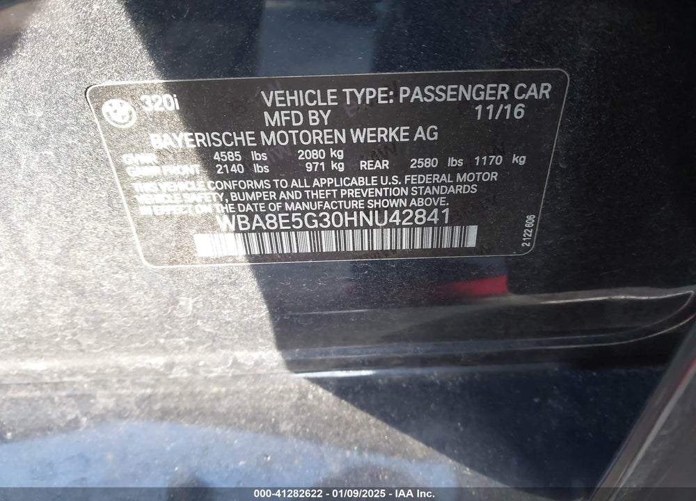 2017 BMW 320I XDRIVE VIN: WBA8E5G30HNU42841