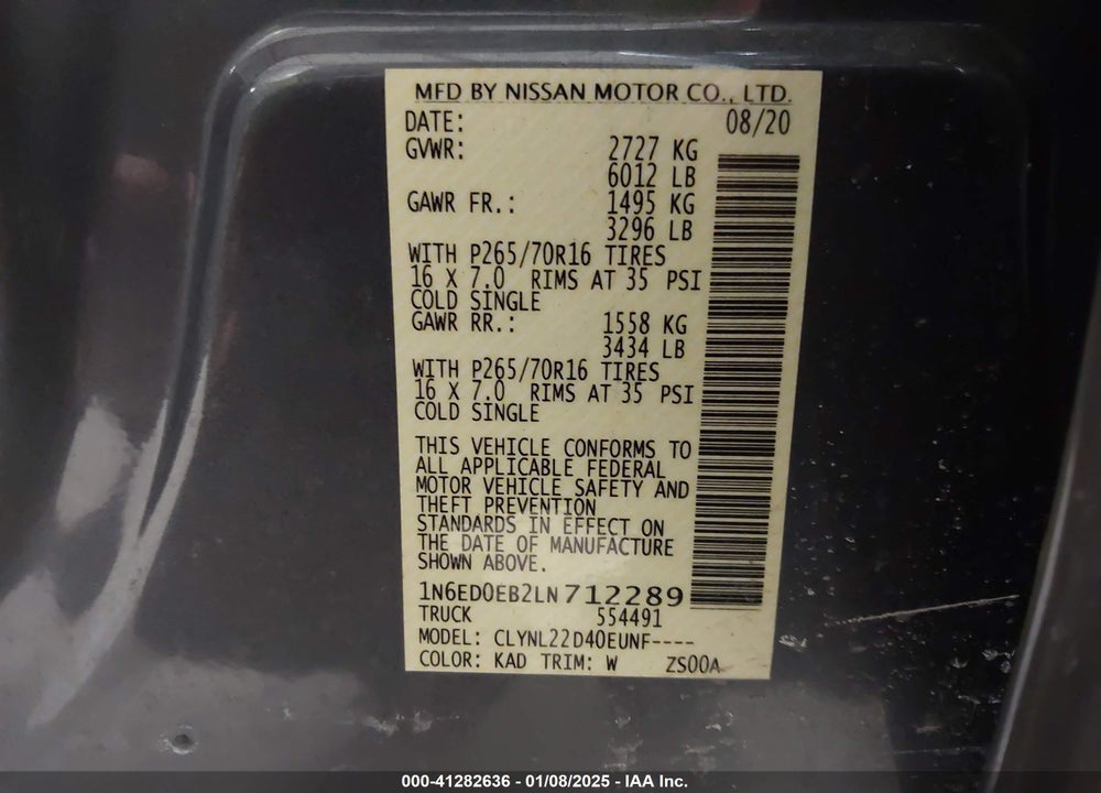 2020 NISSAN FRONTIER VIN: 1N6ED0EB2LN712289