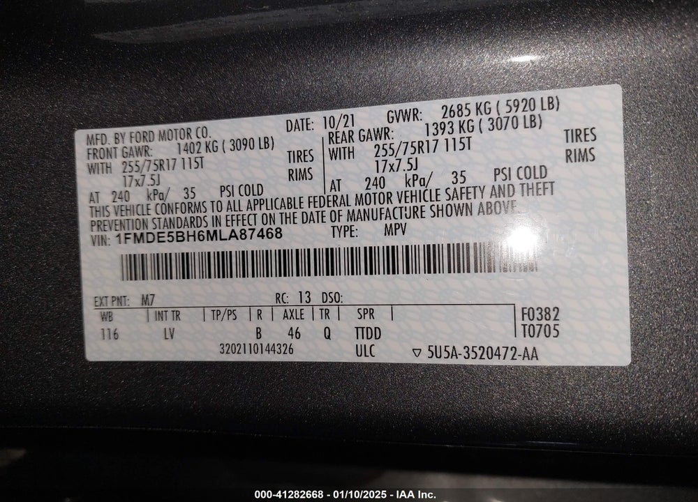 2021 FORD BRONCO BIG BEND VIN: 1FMDE5BH6MLA87468