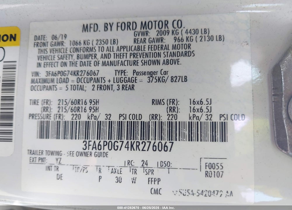 2019 FORD FUSION S VIN: 3FA6P0G74KR276067