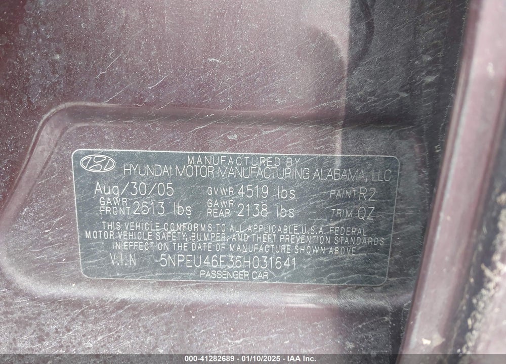 2006 HYUNDAI SONATA VIN: 5NPEU46F36H031641