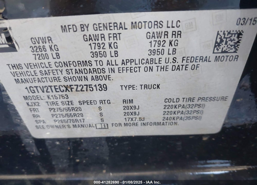 2015 GMC SIERRA 1500 VIN: 1GTV2TECXFZ275139