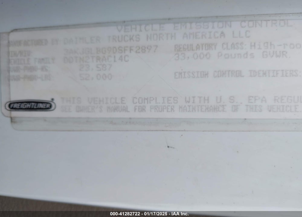 2013 FREIGHTLINER CASCADIA 125 VIN: 3AKJGLBG9DSFF2897