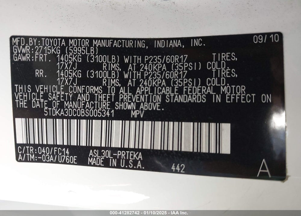 2011 TOYOTA SIENNA LE VIN: 5TDKA3DC0BS005341