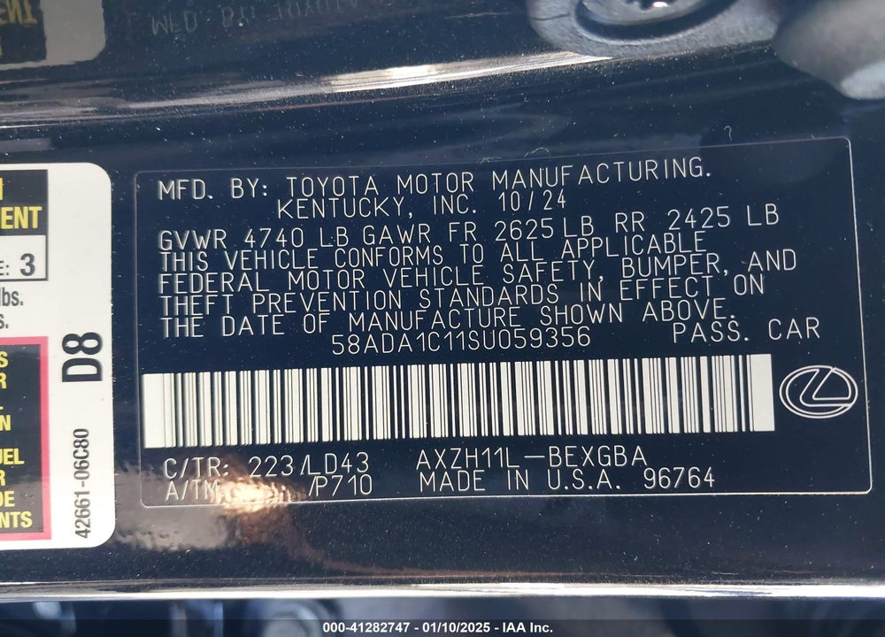 2025 LEXUS ES 300H VIN: 58ADA1C11SU059356